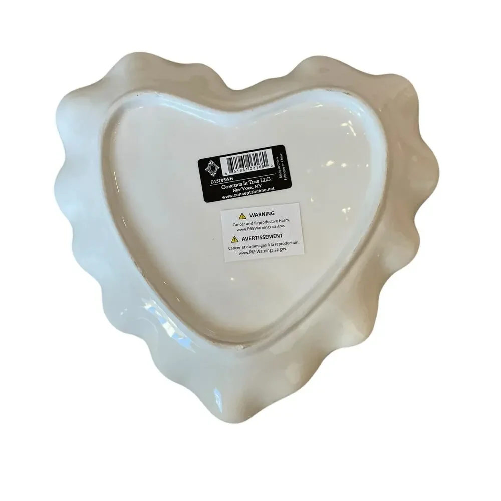 Pink & White Heart Shaped Trinket Tray 8in Ceramic Scalloped Valentines Day NEW